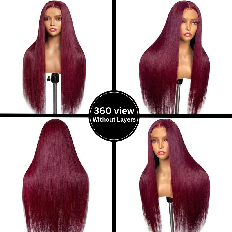 13x6 Burgundy Red Straight Wig - 200% Density Virgin Hair with Invisible Knots & Pre-Plucked Hairline for a Bold, Natural Look