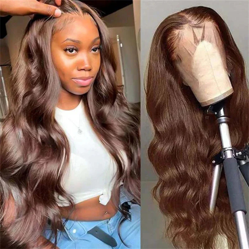 13x4 Chocolate Brown Body Wave Lace Front Wig - 180% Density, HD Transparent Lace, 100% Virgin Human Hair