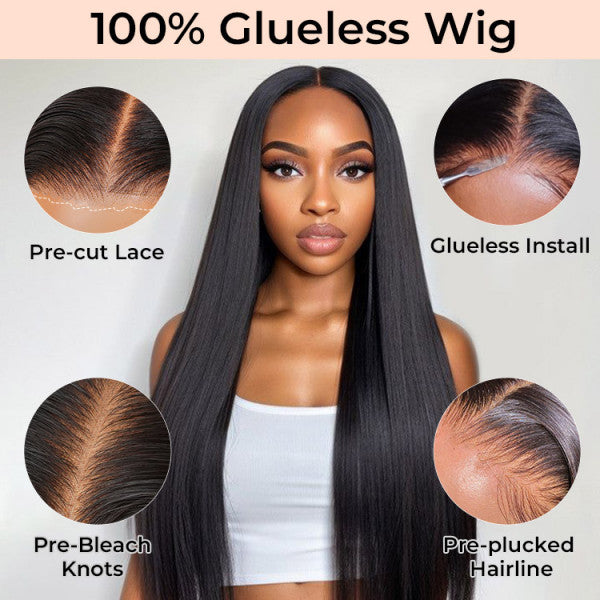 Beginner Friendly 7x5 Straight Glueless Wig - Virgin Hair Human Hair Wig with Pre-Bleached Knots, Pre-Cut Lace & Pre-Plucked Hairline