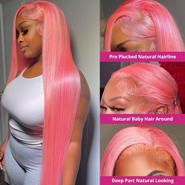 Pink 13x6 Straight Virgin Human Hair Wig - 250% Density HD Transparent Lace Frontal Wig