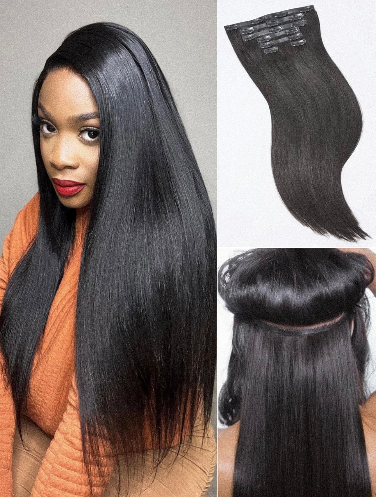 220g Yaki Straight Seamless Human Hair Clip-In Extensions in Natural Black (2 Pk)