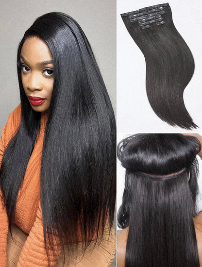 220g Yaki Straight Seamless Human Hair Clip-In Extensions in Natural Black (2 Pk)