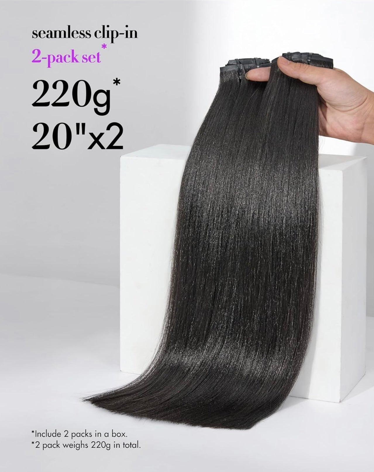 220g Yaki Straight Seamless Human Hair Clip-In Extensions in Natural Black (2 Pk)