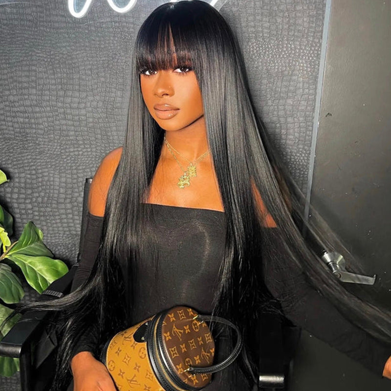 Straight 100% Human Hair Wig With Bangs - 150% Natural Density Ready To Go Glueless Wig With Fake Scalp