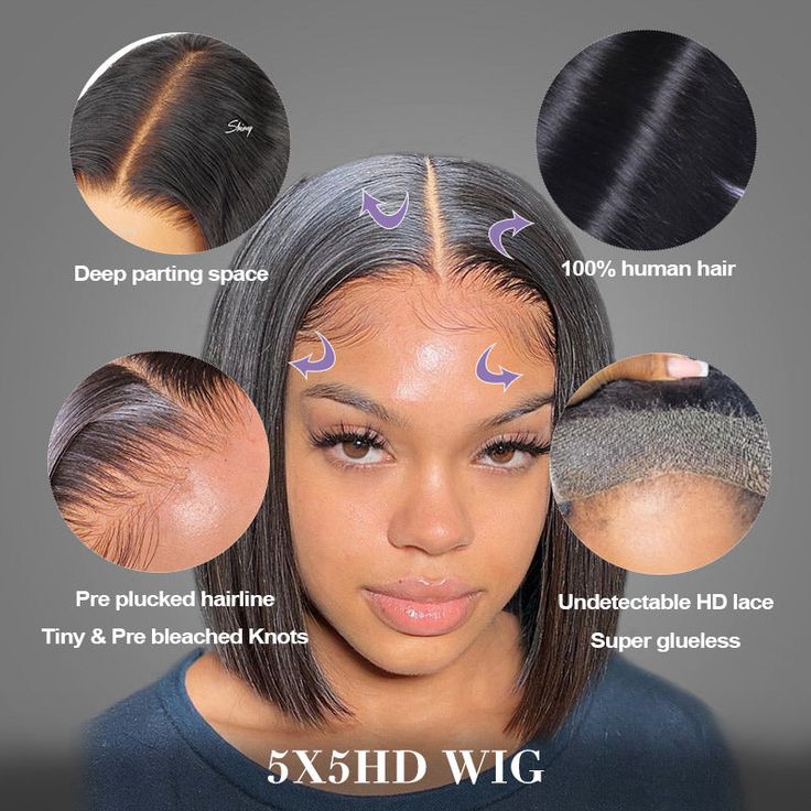 5x5 Glueless Straight Bob Wig - 180% Density HD Lace Virgin Hair with Pre-Cut Lace, Pre-Bleached Knots & Pre-Plucked Hairline