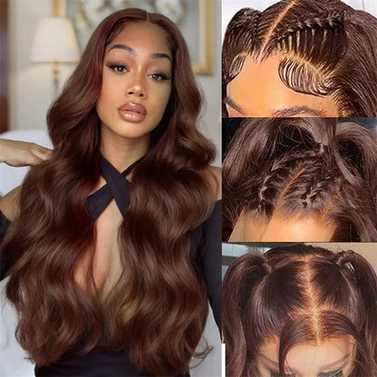 13x4 Chocolate Brown Body Wave Lace Front Wig - 180% Density, HD Transparent Lace, 100% Virgin Human Hair