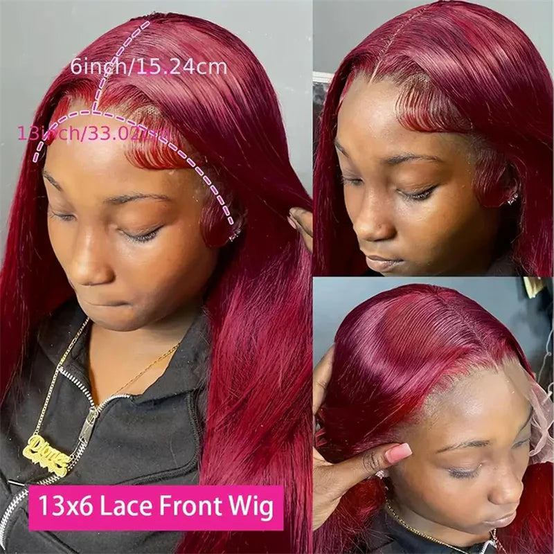 13x6 Burgundy Red Straight Wig - 180% Density Virgin Hair with Invisible Knots & Pre-Plucked Hairline for a Bold, Natural Look
