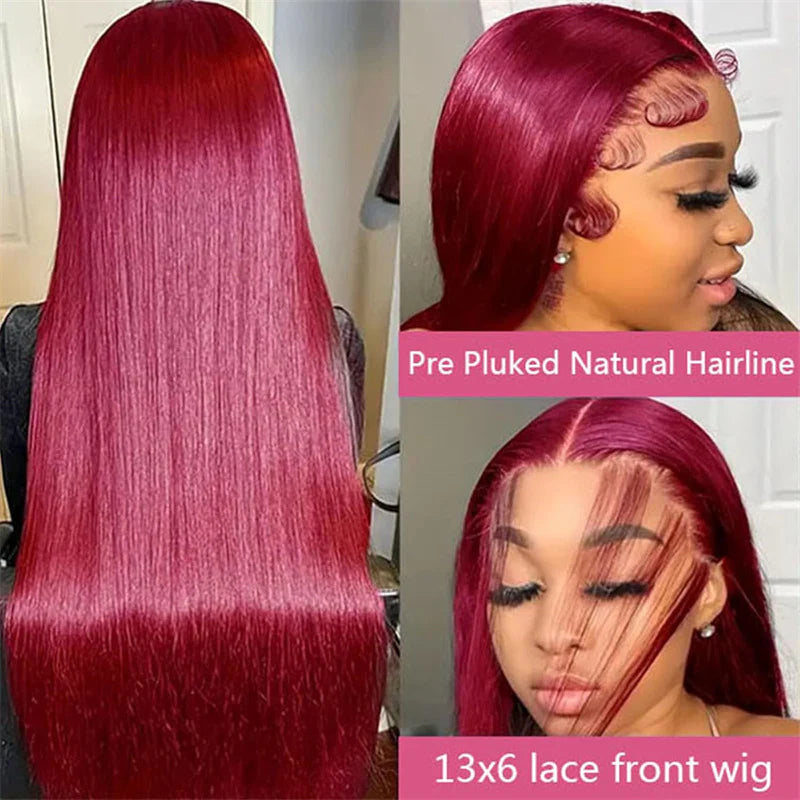 13x6 Burgundy Red Straight Wig - 180% Density Virgin Hair with Invisible Knots & Pre-Plucked Hairline for a Bold, Natural Look