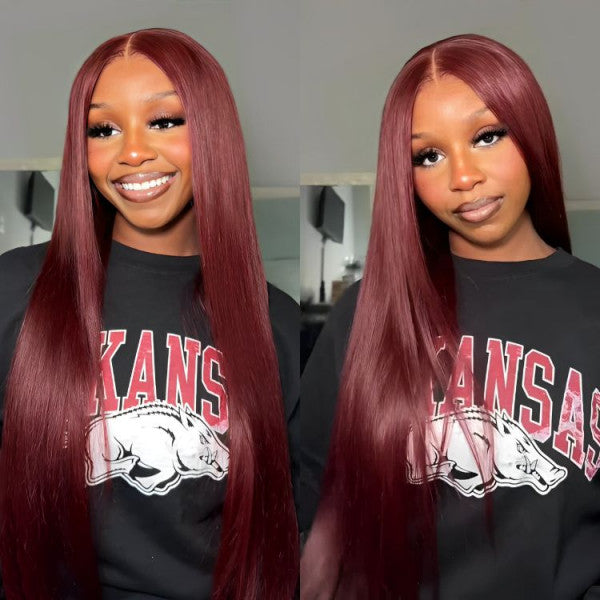 13x6 Burgundy Red Straight Wig - 180% Density Virgin Hair with Invisible Knots & Pre-Plucked Hairline for a Bold, Natural Look