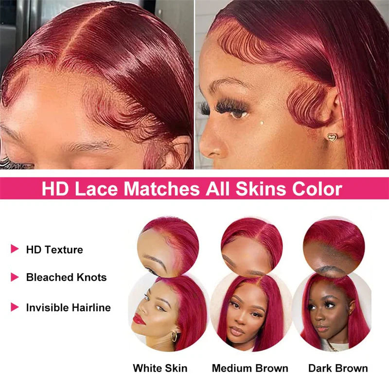 13x6 Burgundy Red Straight Wig - 180% Density Virgin Hair with Invisible Knots & Pre-Plucked Hairline for a Bold, Natural Look
