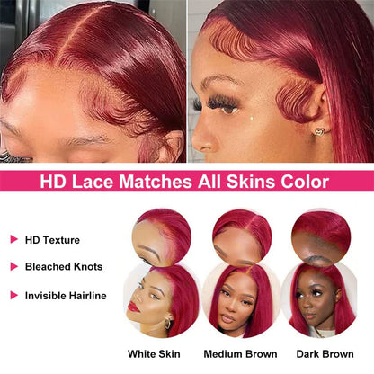 13x6 Burgundy Red Straight Wig - 180% Density Virgin Hair with Invisible Knots & Pre-Plucked Hairline for a Bold, Natural Look