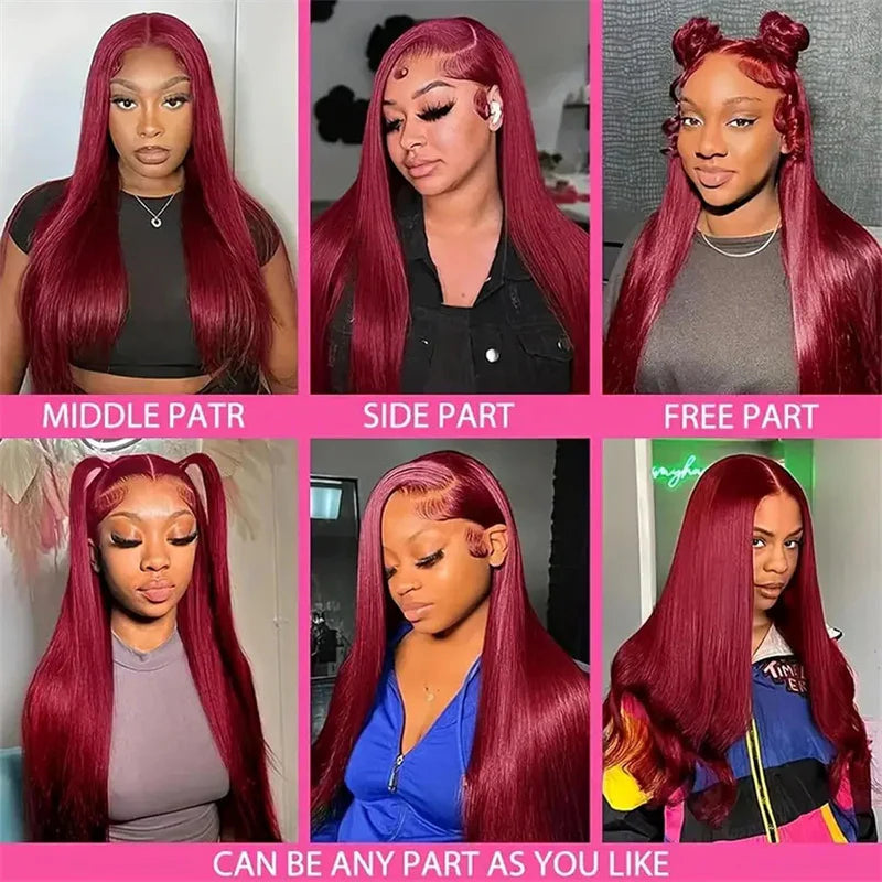 13x6 Burgundy Red Straight Wig - 180% Density Virgin Hair with Invisible Knots & Pre-Plucked Hairline for a Bold, Natural Look