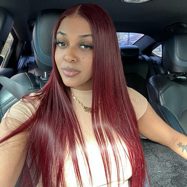 13x6 Burgundy Red Straight Wig - 180% Density Virgin Hair with Invisible Knots & Pre-Plucked Hairline for a Bold, Natural Look