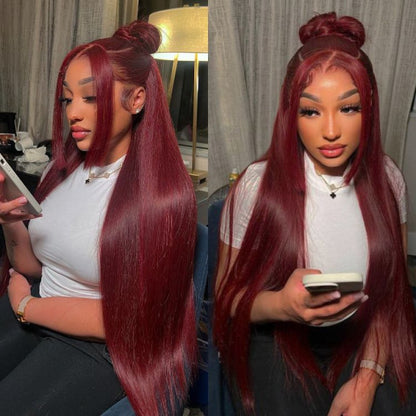 13x6 Burgundy Red Straight Wig - 180% Density Virgin Hair with Invisible Knots & Pre-Plucked Hairline for a Bold, Natural Look
