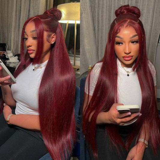 13x6 Burgundy Red Straight Wig - 180% Density Virgin Hair with Invisible Knots & Pre-Plucked Hairline for a Bold, Natural Look