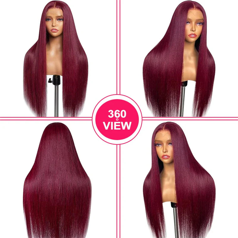 13x6 Burgundy Red Straight Wig - 180% Density Virgin Hair with Invisible Knots & Pre-Plucked Hairline for a Bold, Natural Look