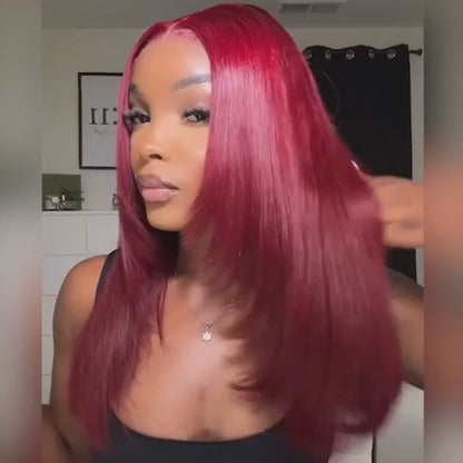 13x6 Burgundy Red Straight Wig - 200% Density Virgin Hair with Invisible Knots & Pre-Plucked Hairline for a Bold, Natural Look